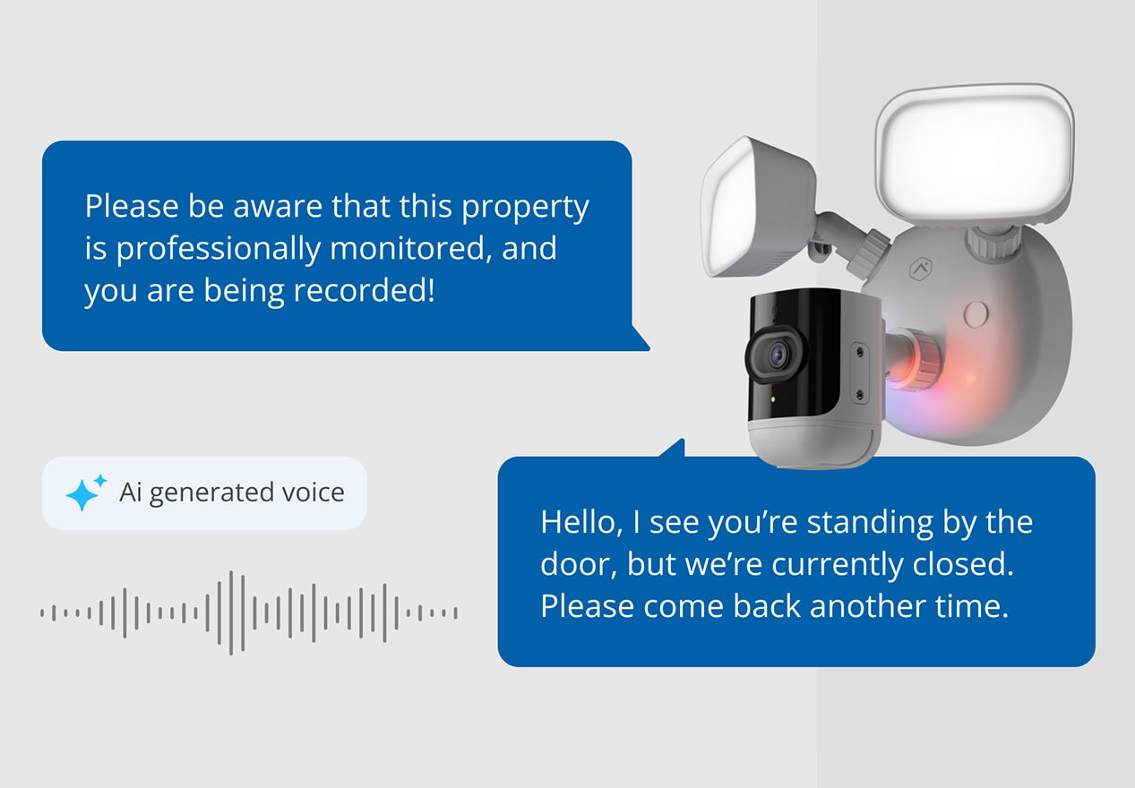 ADT floodlight camera with AI Deterrence and AI-generated voice saying: ‘This property is monitored and recorded’ and ‘We’re currently closed. Please come back later